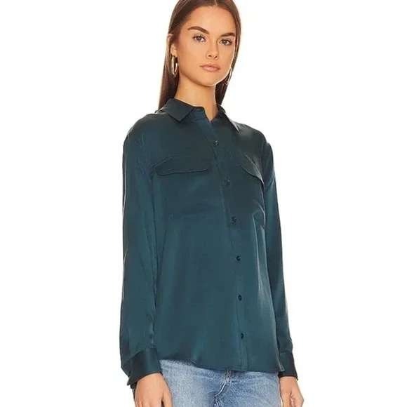 Equipment Satin Button Down Shirt Pockets Dressy‎ Polished Career Wear Green XL - Picture 1 of 12